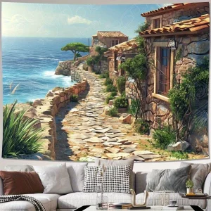 Coastal Village Mediterranean Sea View Tapestry