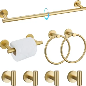 8-Piece Brushed Gold SUS304 Stainless Steel Bath Towel Bar Set, 23.6 Inch Round Wall Mounted Bathroom Accessories Kit