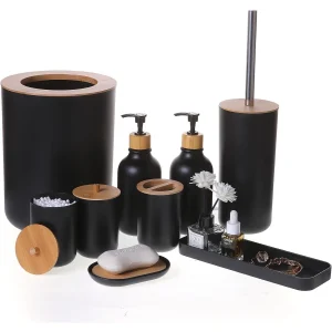 9 piece matte black bamboo bathroom accessory set