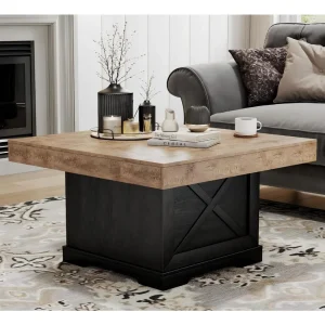 Rustic Dark Oak Coffee Table with X-Frame Pedestal