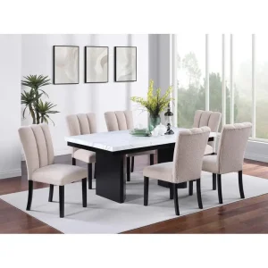 Classic Two-Tone White Faux Marble Top Dining Table with 6 Side Chairs